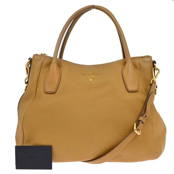 PRADA Logo 2Way Shoulder Hand Bag Leather Ambra Beige GHW Italy 88KA790 - Picture 1 of 16